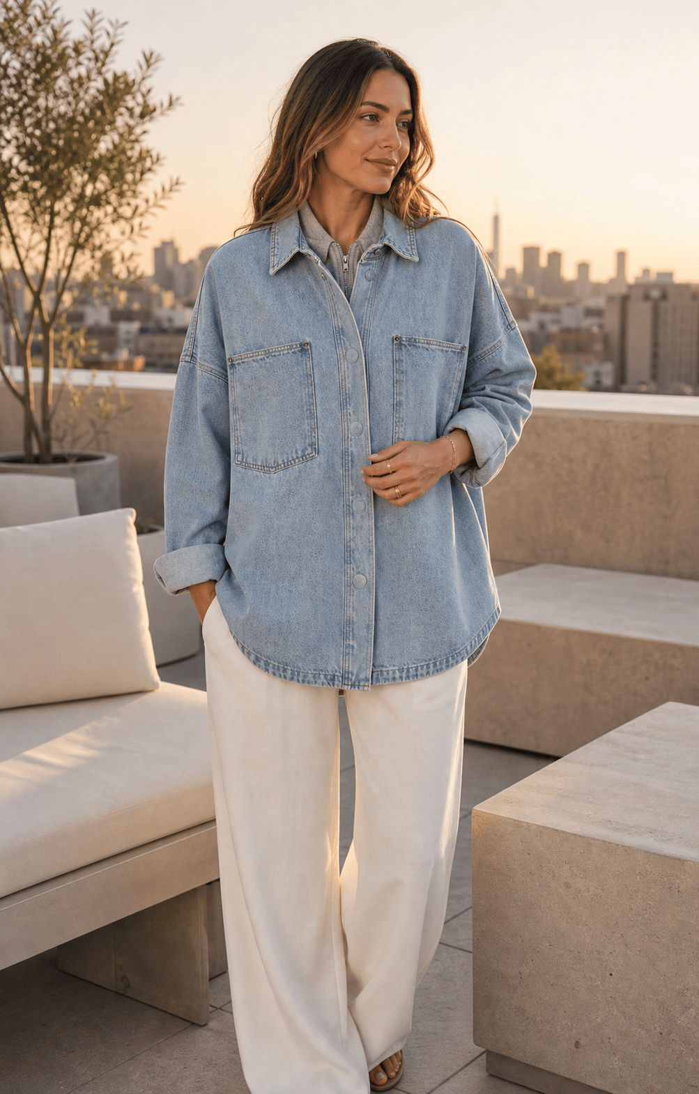 IdyllVie Washed Snap Button Denim Shacket