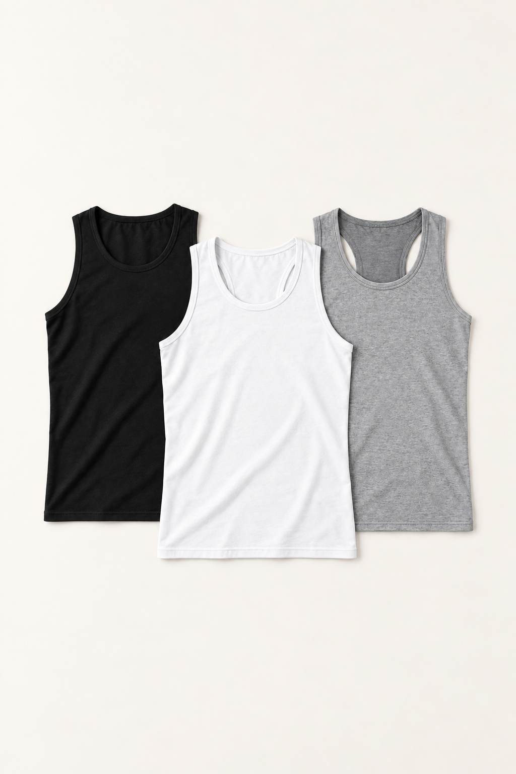 Three cotton-stretch racerback tanks in black / white / heather grey, front flat lay.