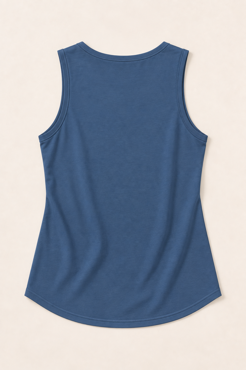 Blue cotton-stretch round-neck tank, flat lay back.