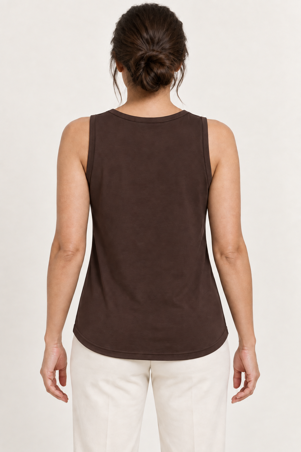 Coffee Brown cotton-stretch round-neck tank top, model back