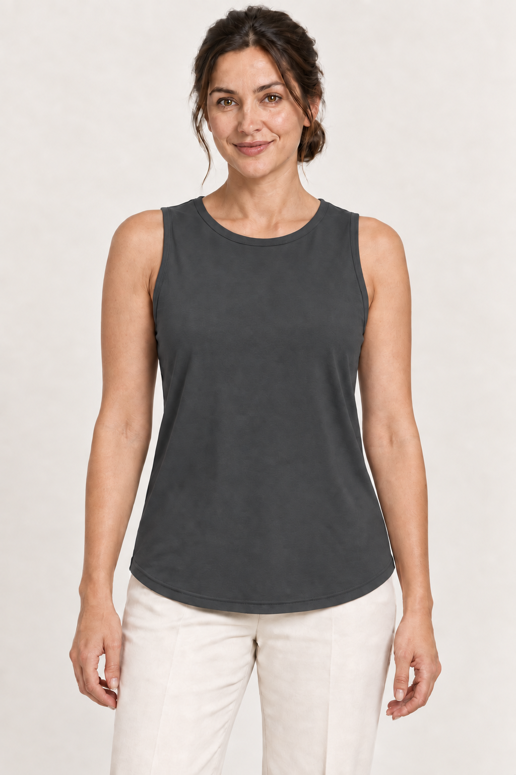 Dark Grey cotton-stretch round-neck tank top, model front