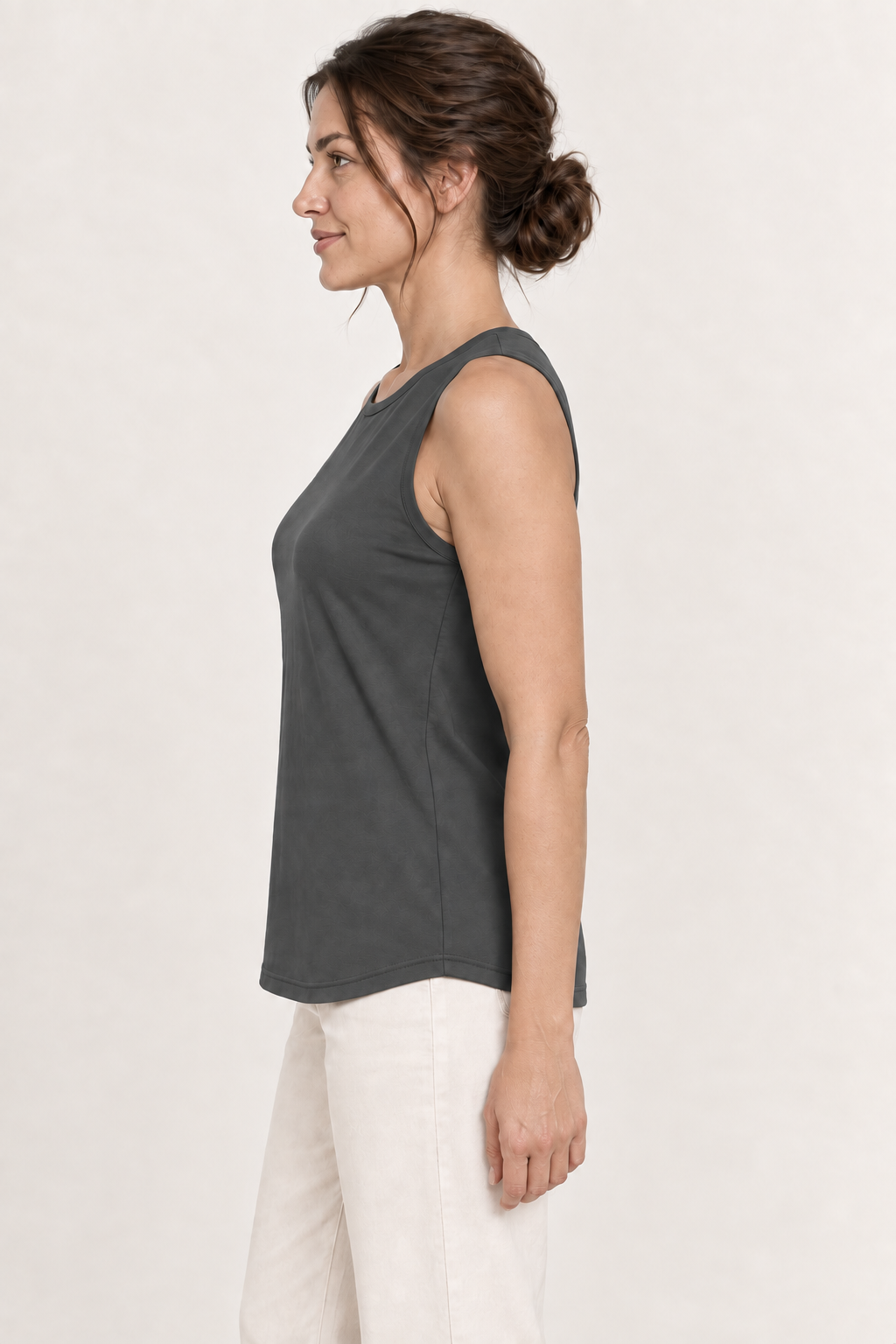 Dark Grey cotton-stretch round-neck tank top, model side