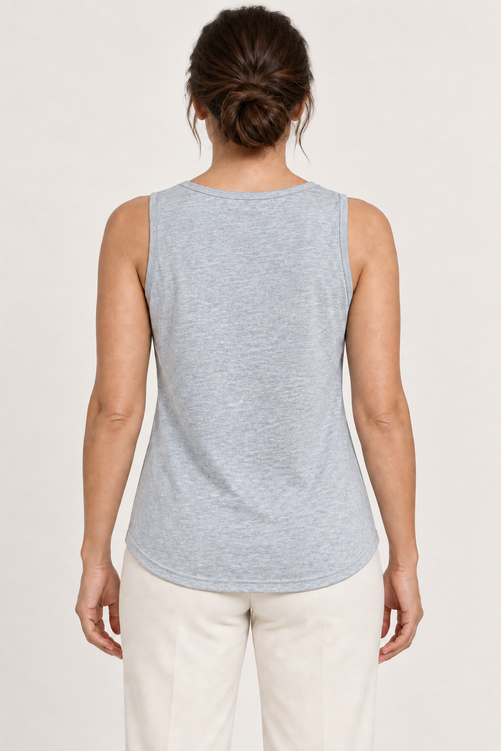 Light grey cotton-stretch round-neck tank, model back.