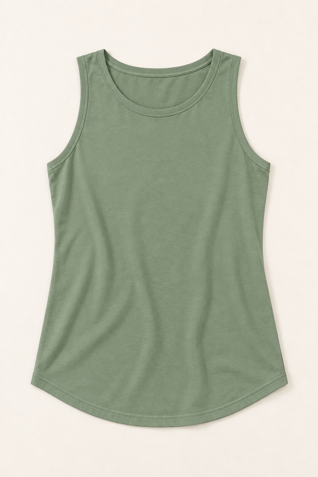 Sage green cotton-stretch round-neck tank, flat lay front.
