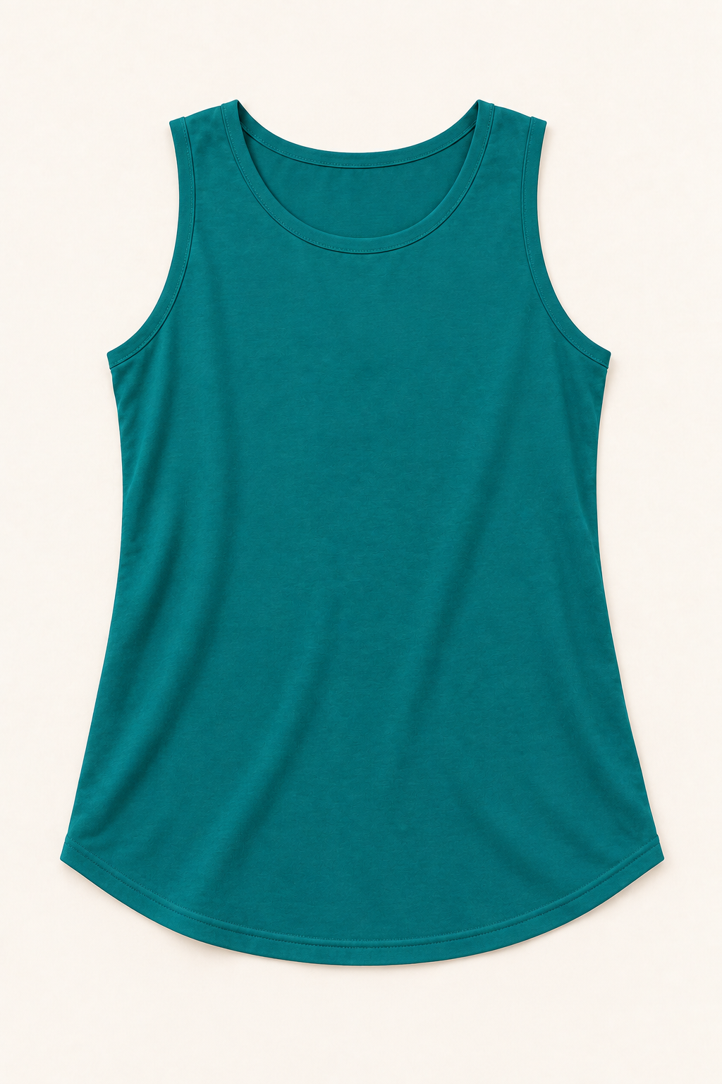 Teal green cotton-stretch round-neck tank, flat lay front.