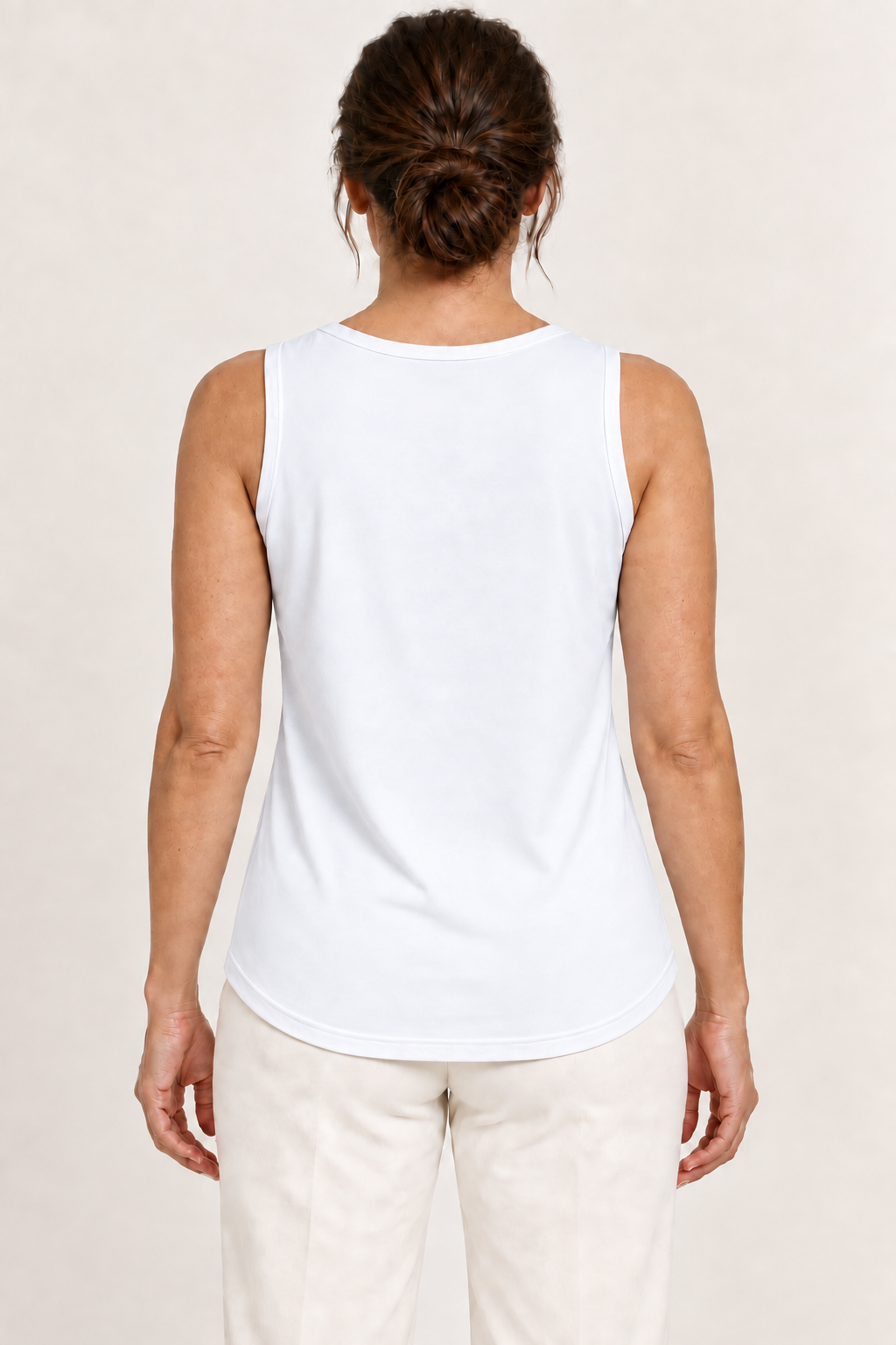 White cotton-stretch round-neck tank, model back.