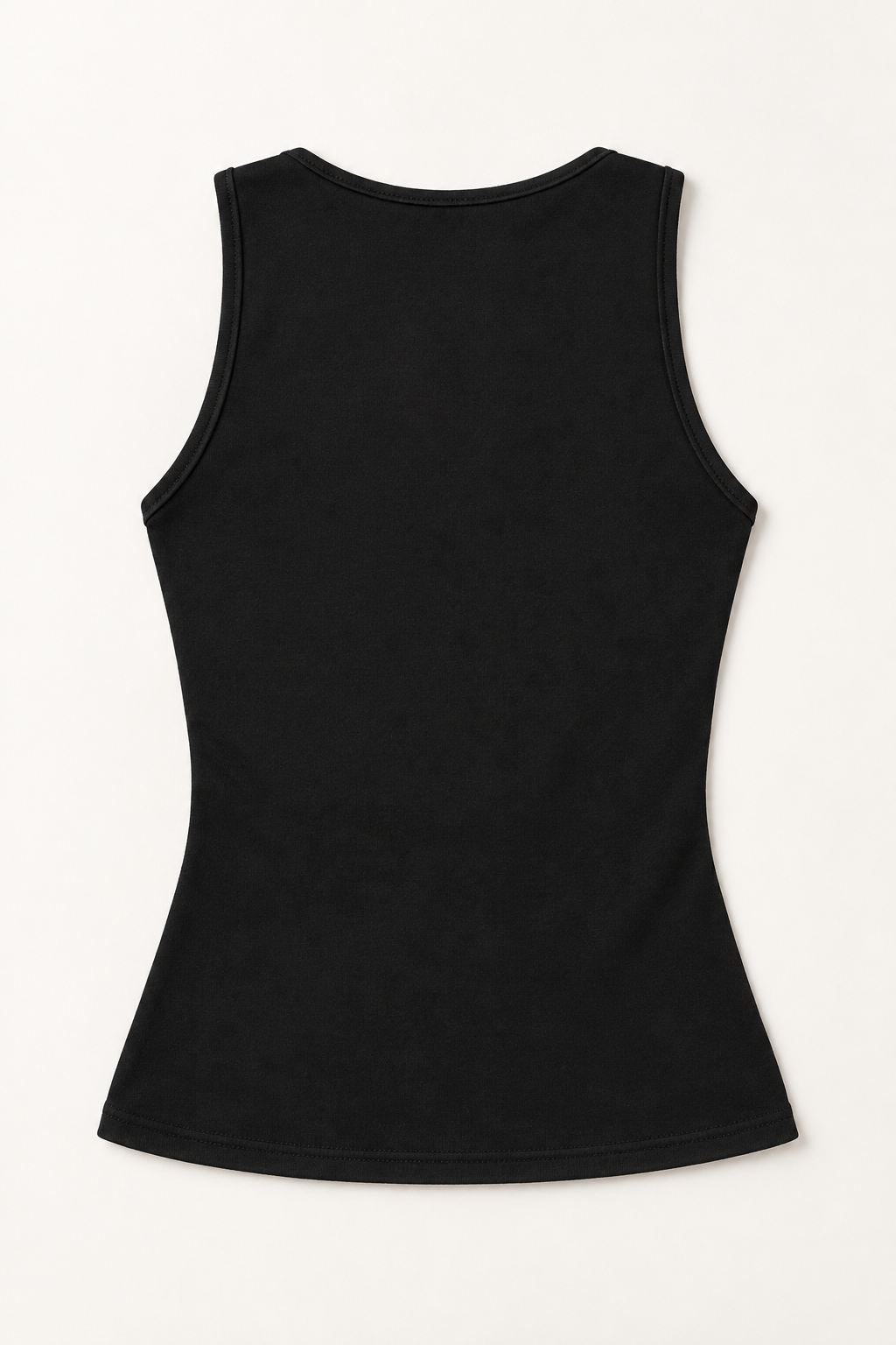 Black cotton-stretch scoop-neck tank, flat lay back.