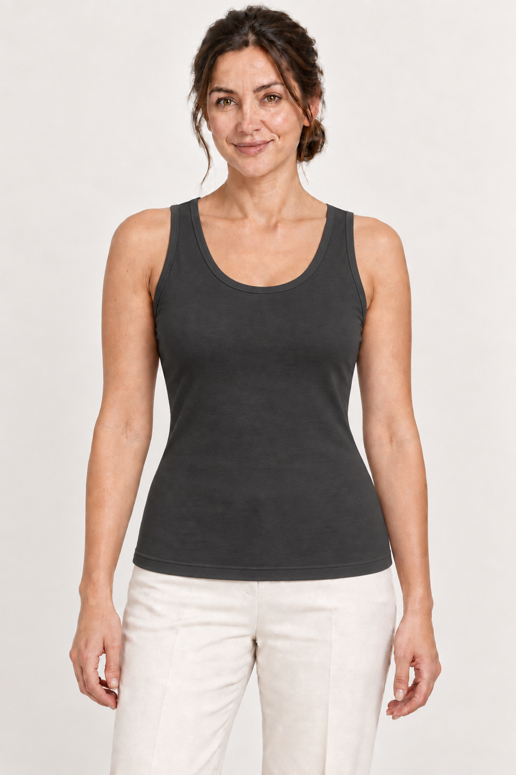 Charcoal cotton-stretch tank, model front.