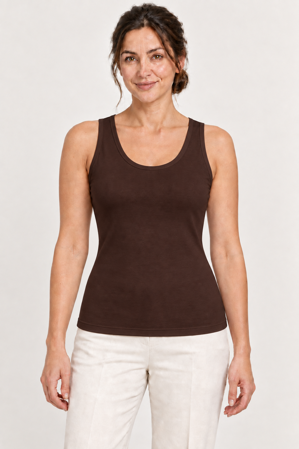 Dark Brown cotton-stretch tank, model front.