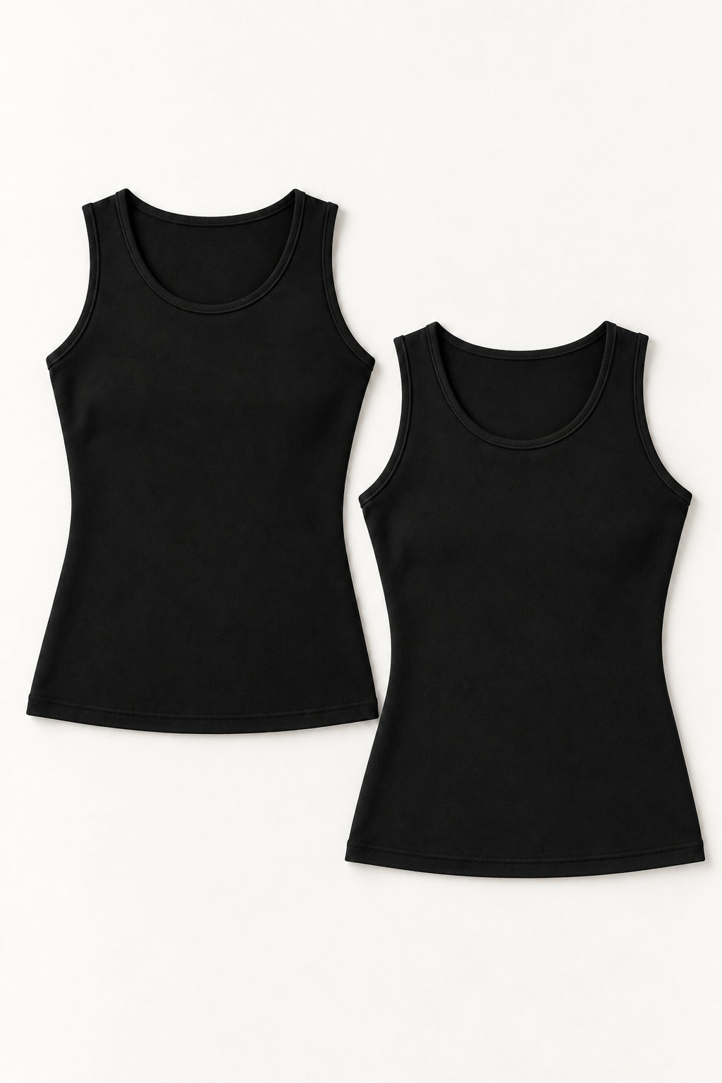 Two black cotton-stretch scoop-neck tanks, two-piece pack front view.