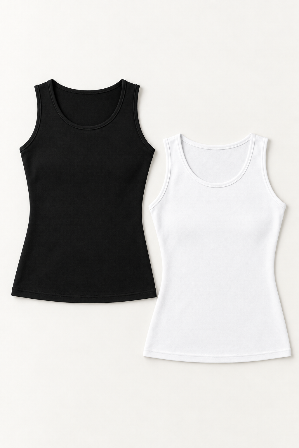 Black and white cotton-stretch scoop-neck tanks, two-piece pack front view.