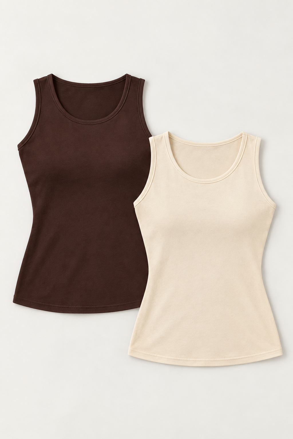 Dark Brown / Cream cotton-stretch tank two-pack, front view.