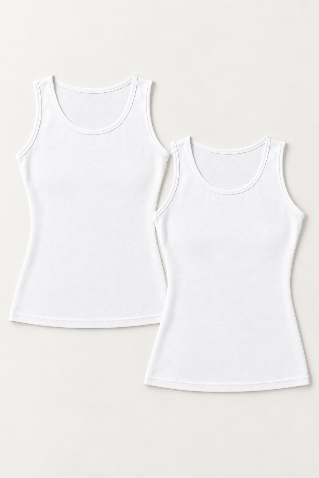Two white scoop-neck cotton-blend tank tops, front flat lay.