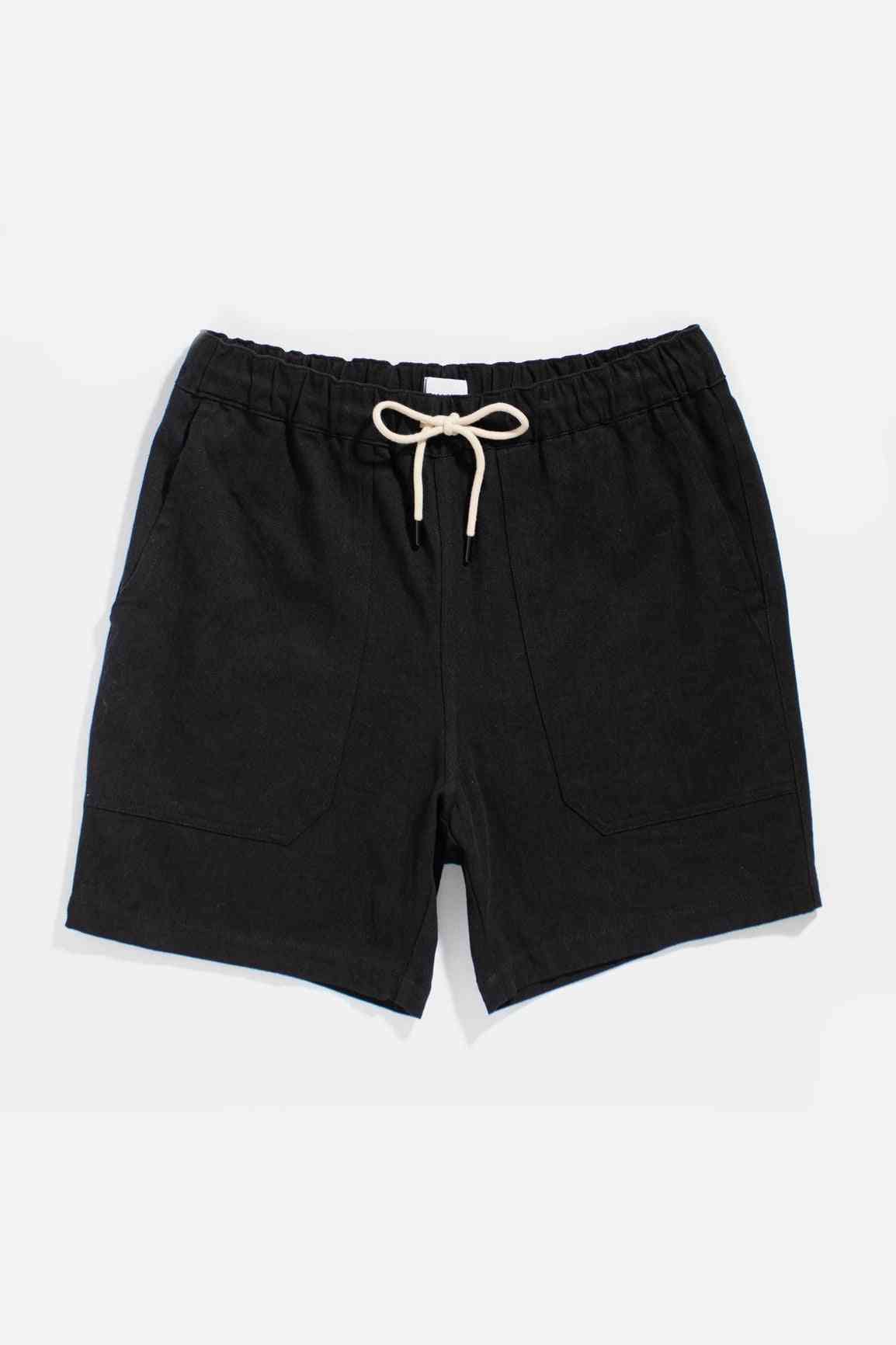 Black Palm Springs Pull-On Shorts with elastic waist, drawstring, and front pockets, crafted from a cotton-linen blend for comfort.