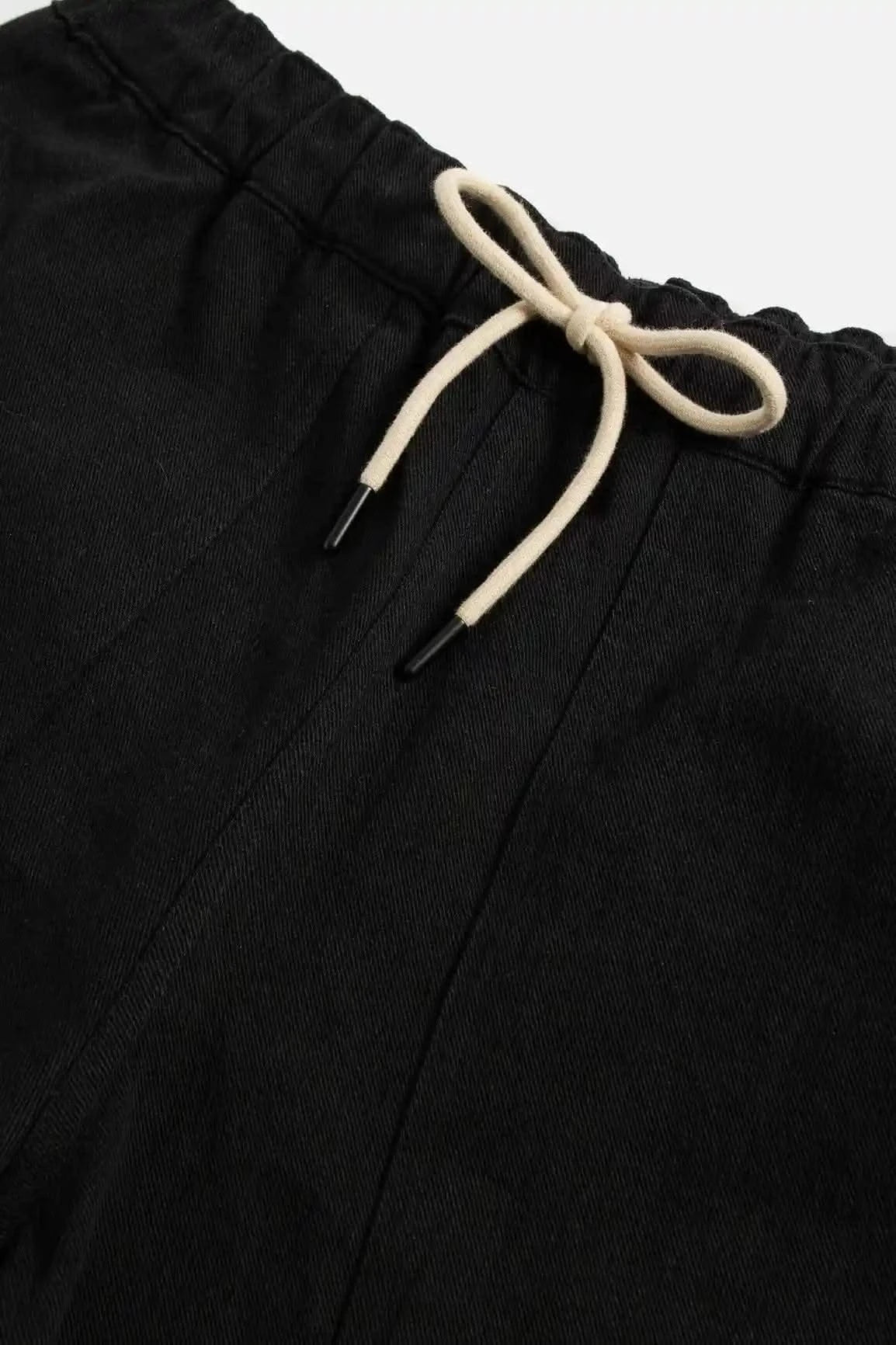 Detailed shot of Black Palm Springs Pull-On Shorts' drawstring and cotton-linen fabric texture, ensuring a stylish and durable design.