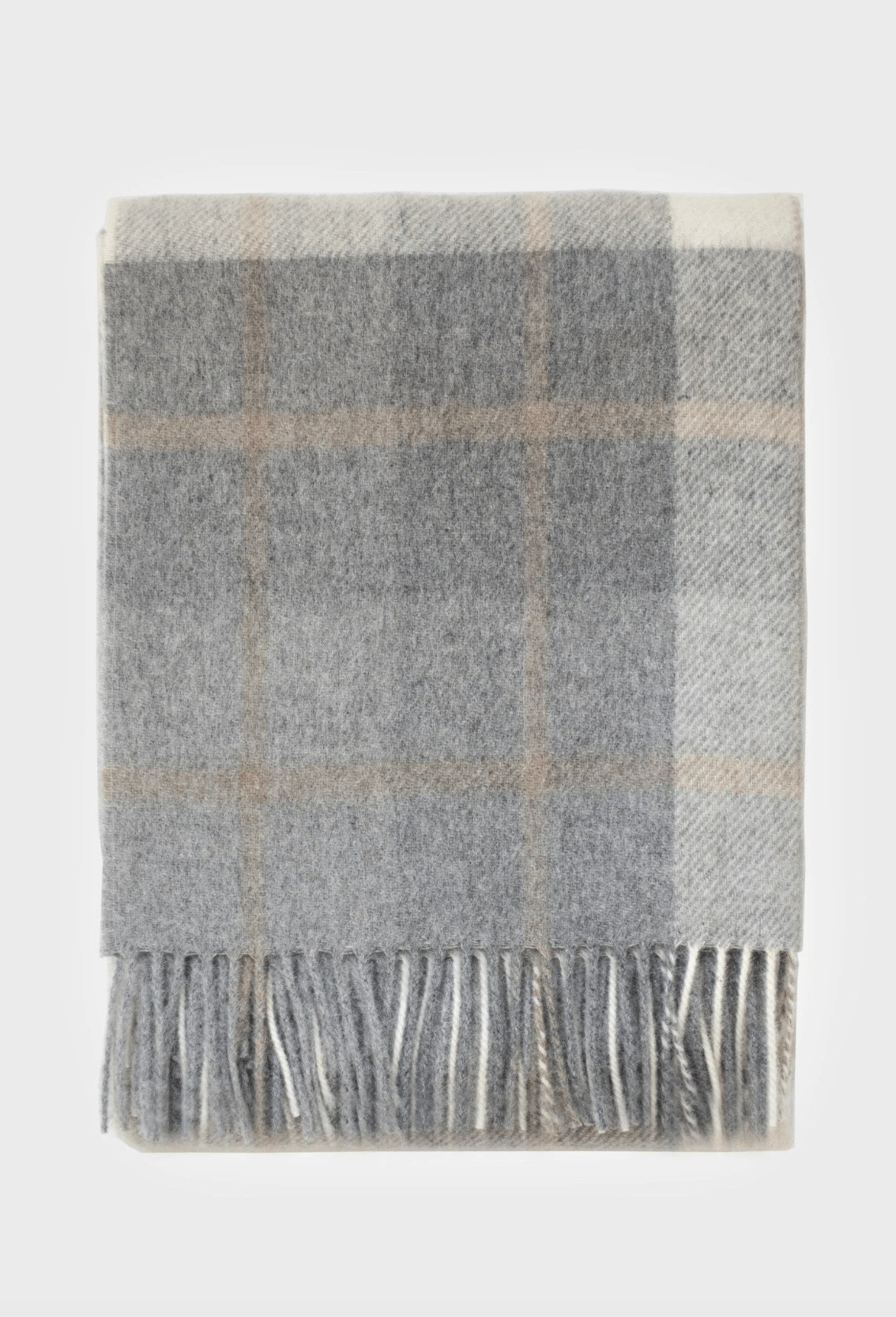 Top view of Kawartha Alpaca Throw Blanket in neutral plaid design, highlighting its luxurious texture and sustainable craftsmanship.