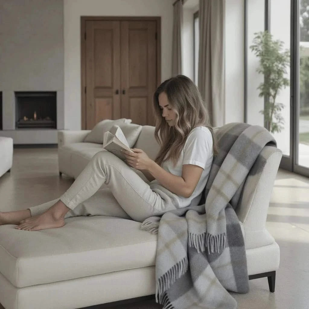 Woman reading with Kawartha Alpaca Blanket draped over a chaise lounge, illustrating its warmth and comfort in a modern home.