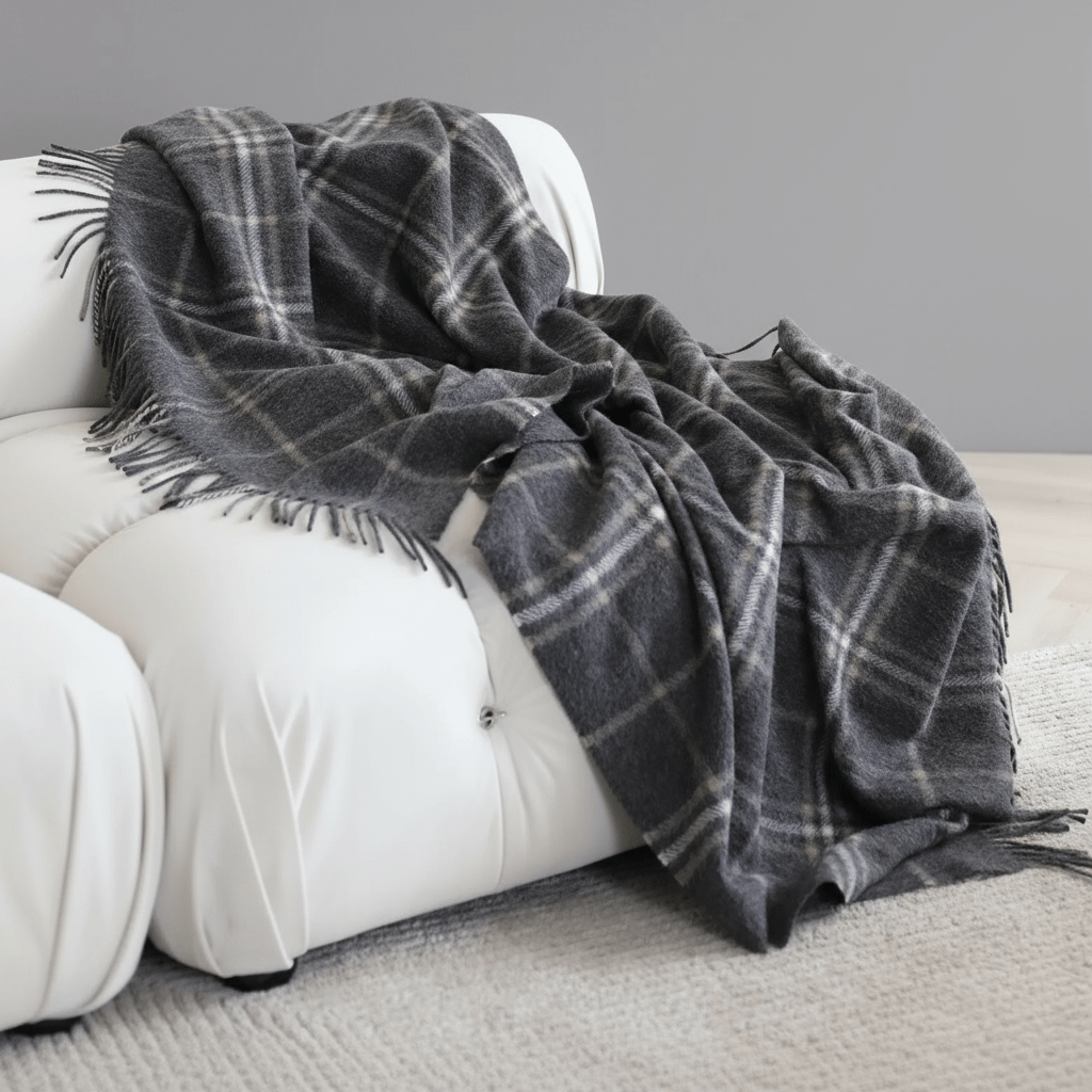 Soft Kingston Alpaca Throw Blanket casually spread on a tufted white couch, ideal for stylish home decor and year-round warmth.