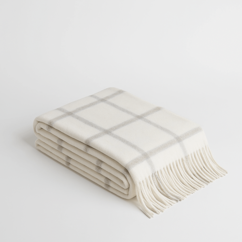 Picton Alpaca Throw Blanket in Off White and Grey Checks