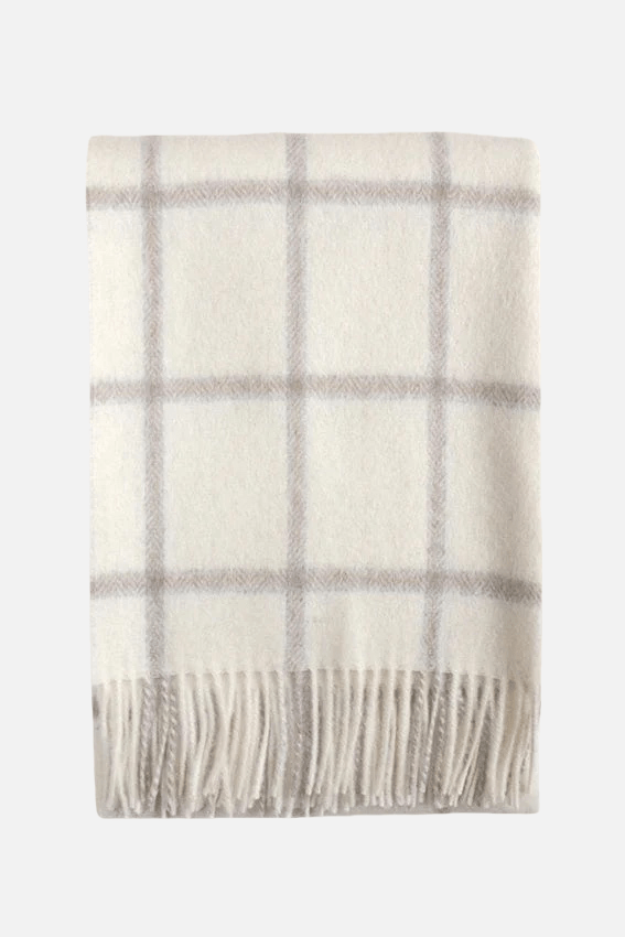 Picton Throw - Alpaca Blanket in off white and grey checks with fringe detailing, ideal for cozy home decor and bedding warmth.