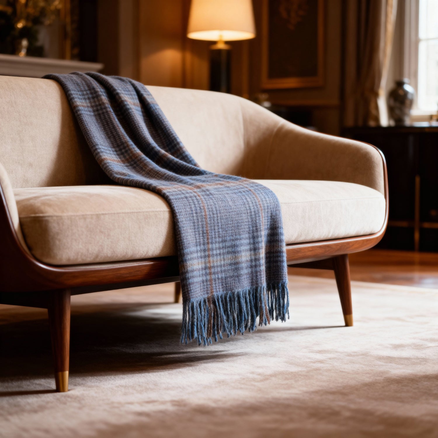Tartan Alpaca Wool Throw Blanket elegantly placed on cream sofa in luxurious room, blending warmth with timeless design.