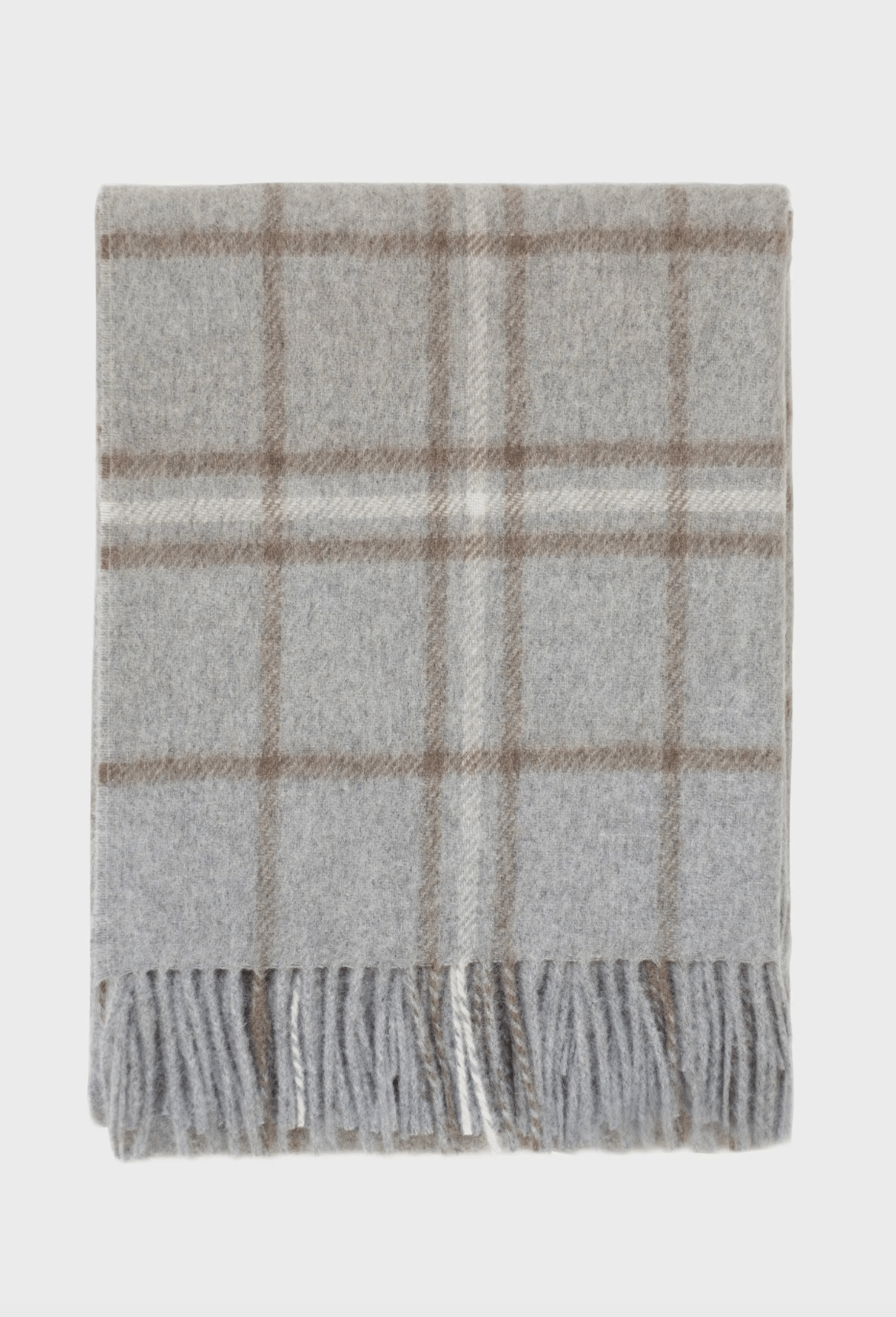 Top view of Algonquin Alpaca Wool Blanket in grey and beige plaid, showcasing its soft texture and durable fringe detailing.