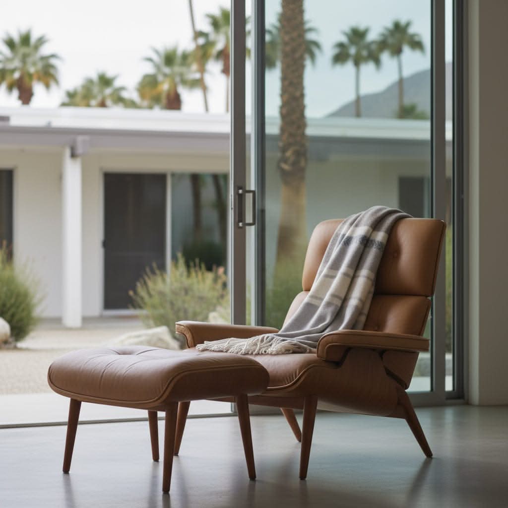 Cashmere blend Muskoka Throw Blanket on a leather lounge chair in a modern home, adding warmth and style to indoor-outdoor living spaces.