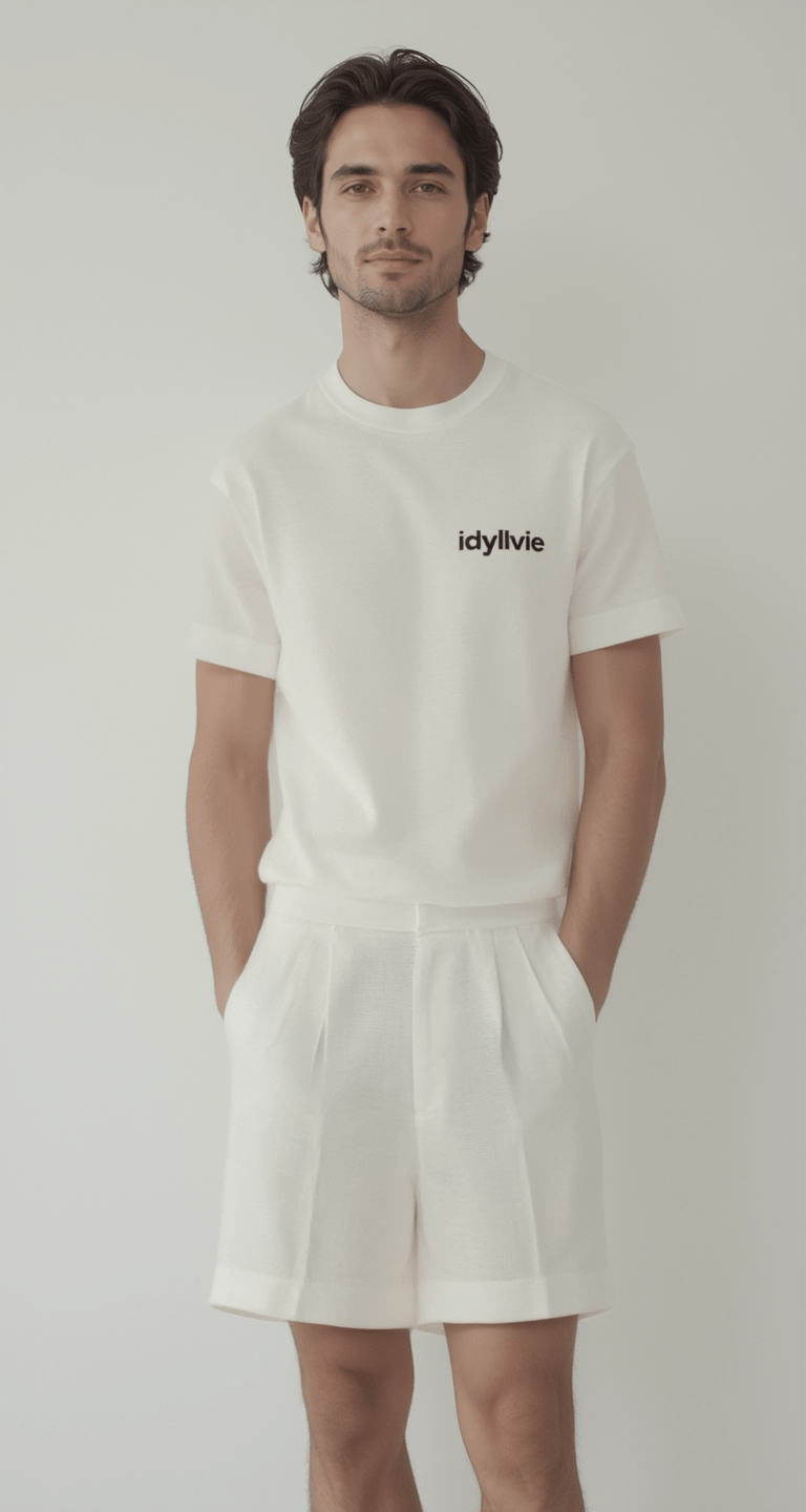 Model wearing Men's White Linen Shorts paired with a white tee, showcasing elegant fit and breathable comfort for modern summer style.