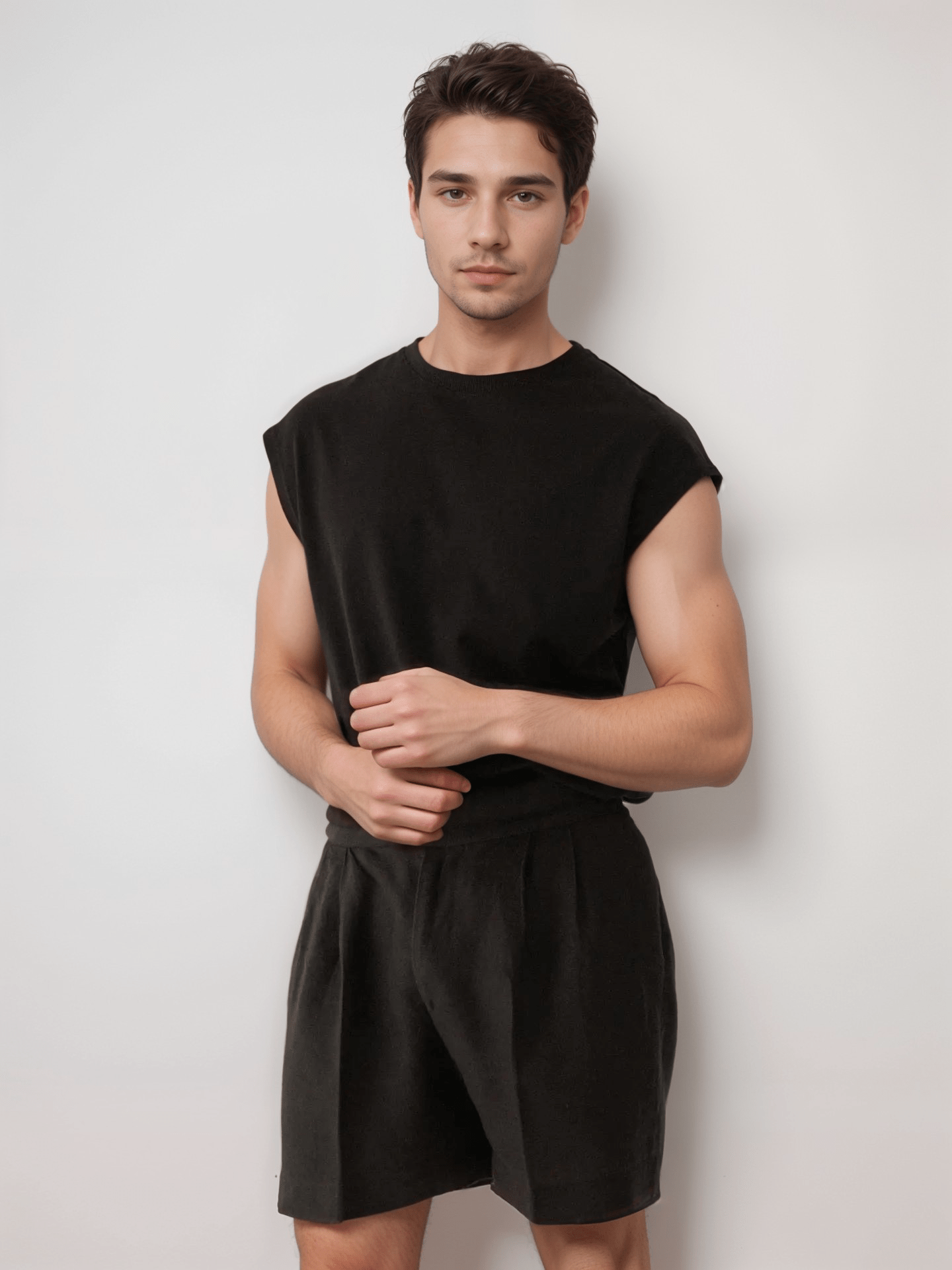Model wearing mens black linen shorts and sleeveless top, showcasing breathable fabric and modern tailored style for casual sophistication.