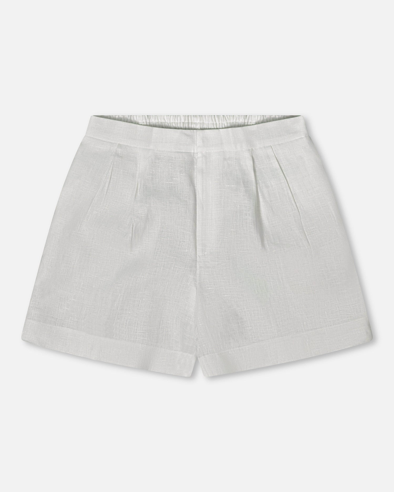 Men's Linen Shorts - White Elegant Comfort with double pleats and elastic back, ideal for breathable summer wear in the shorts category.