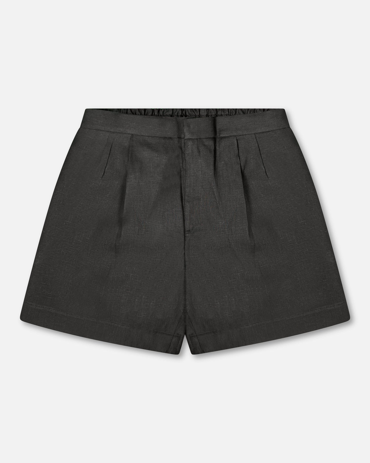 Mens black linen shorts with pleated front and tailored fit, ideal for breathable summer wear in the apparel and accessories category.