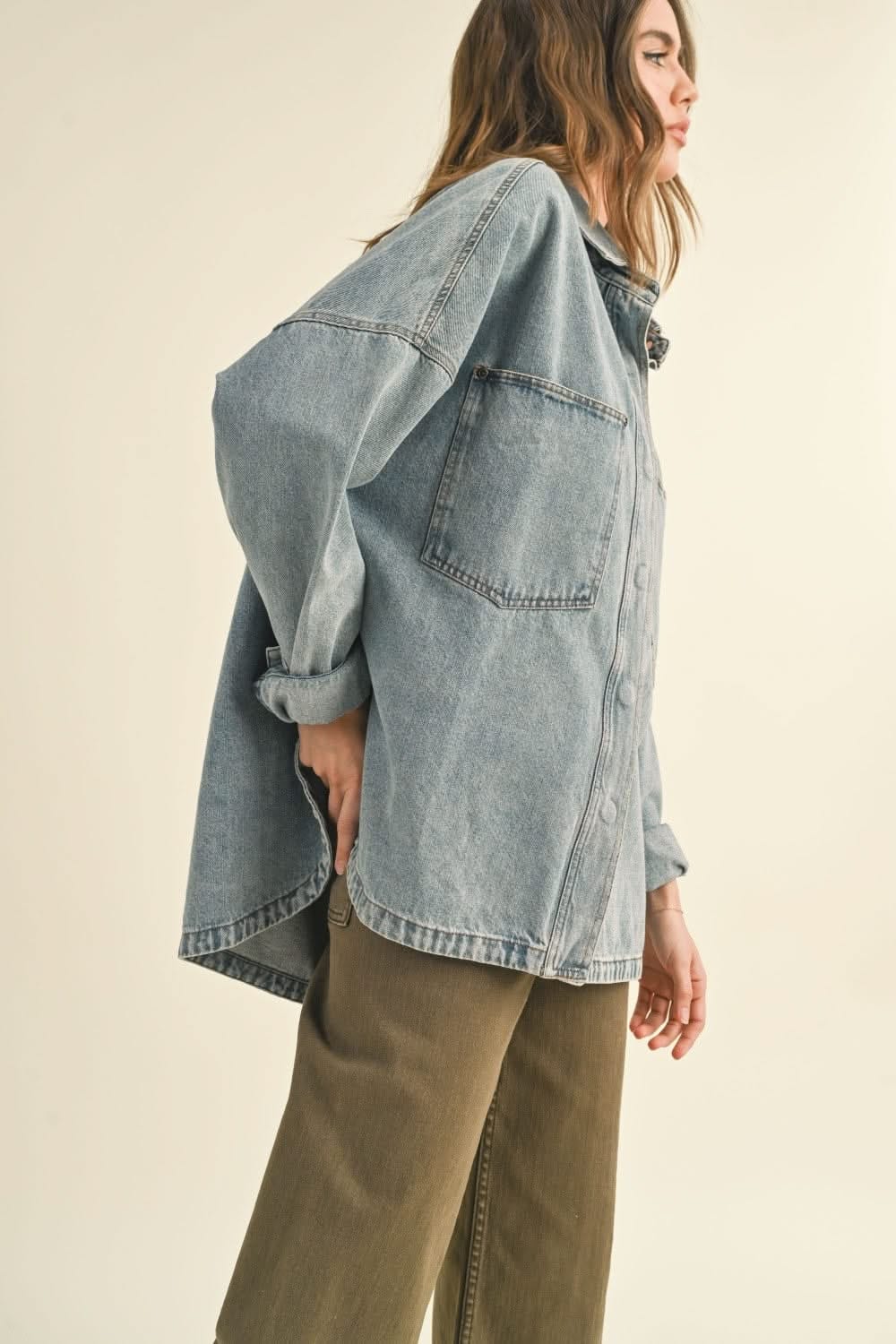 IdyllVie Washed Snap Button Denim Shacket