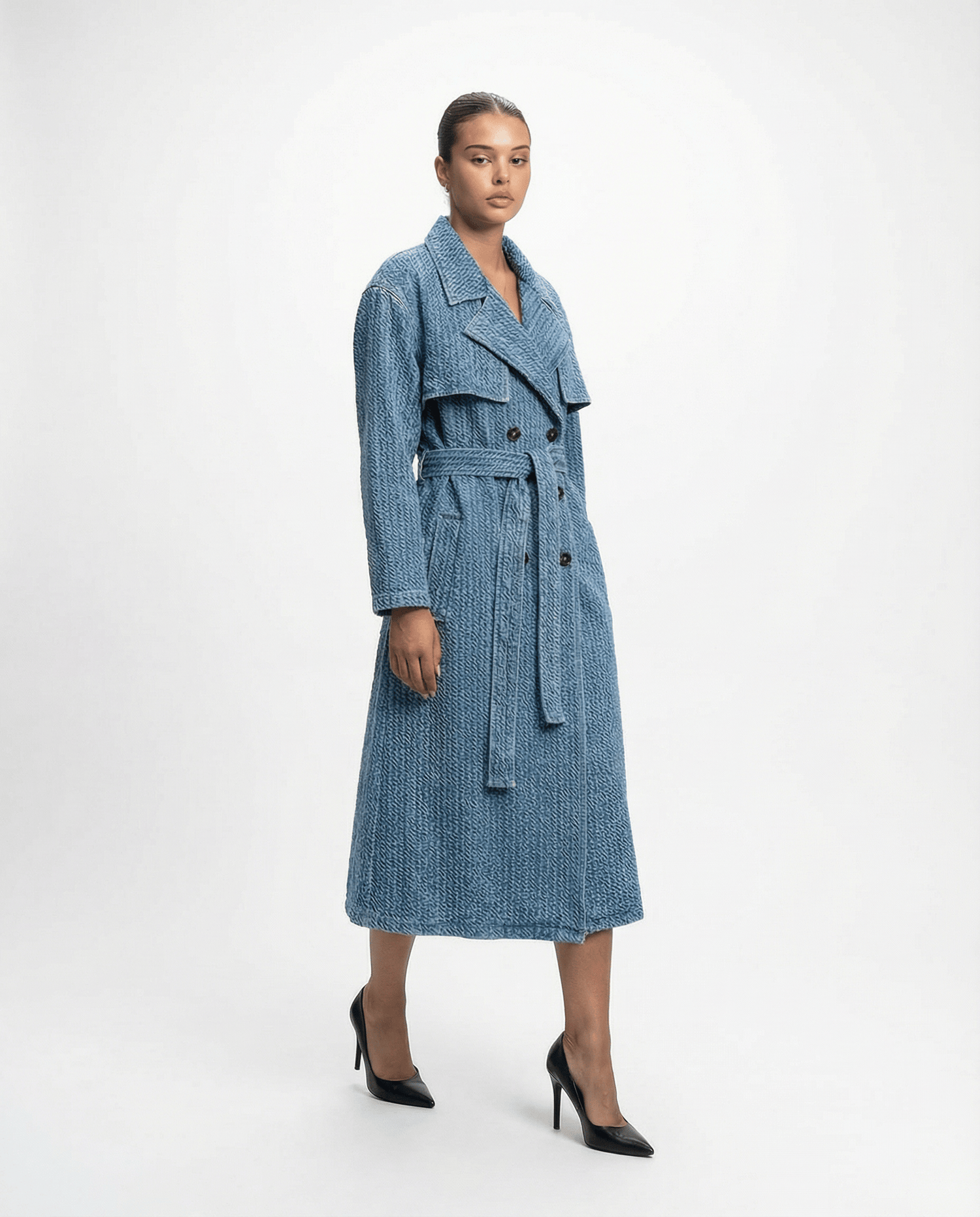 Textured Denim Waist Belted Trench Coat