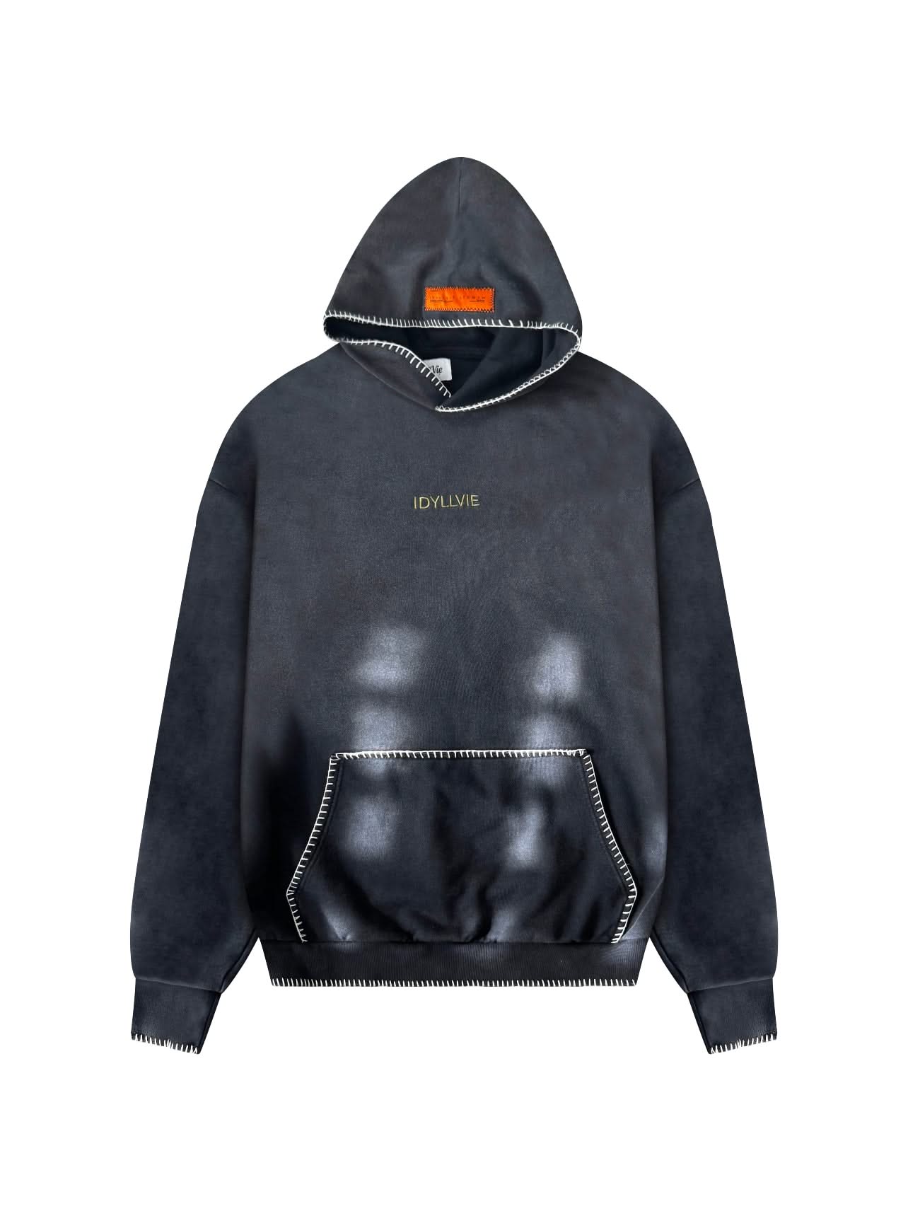 IdyllVie Charcoal Hoodie with sunfade finish, featuring contrast stitching and front kangaroo pocket for stylish comfort and durability.