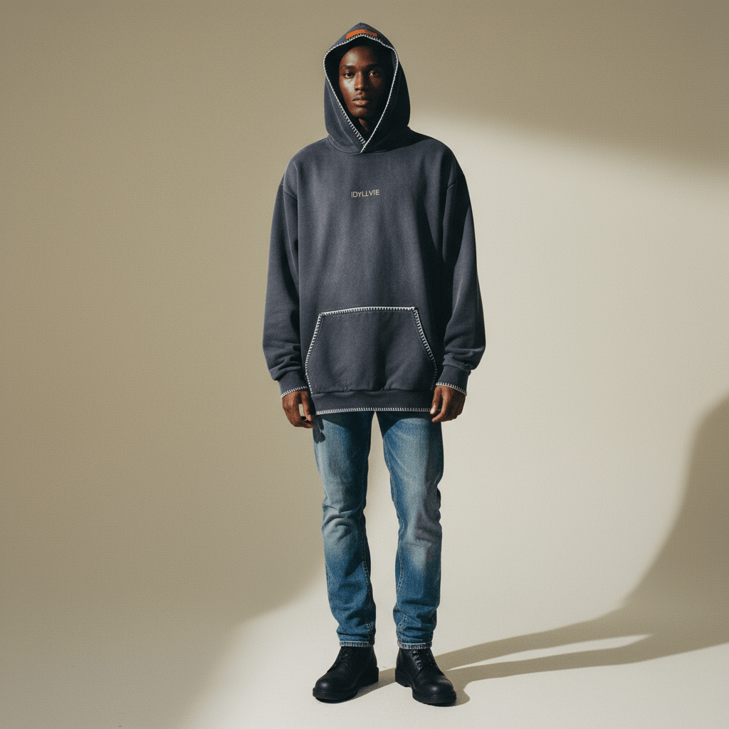 Front view of model in IdyllVie Charcoal Hoodie with hood up, highlighting sunfade design and cozy heavyweight cotton fabric.