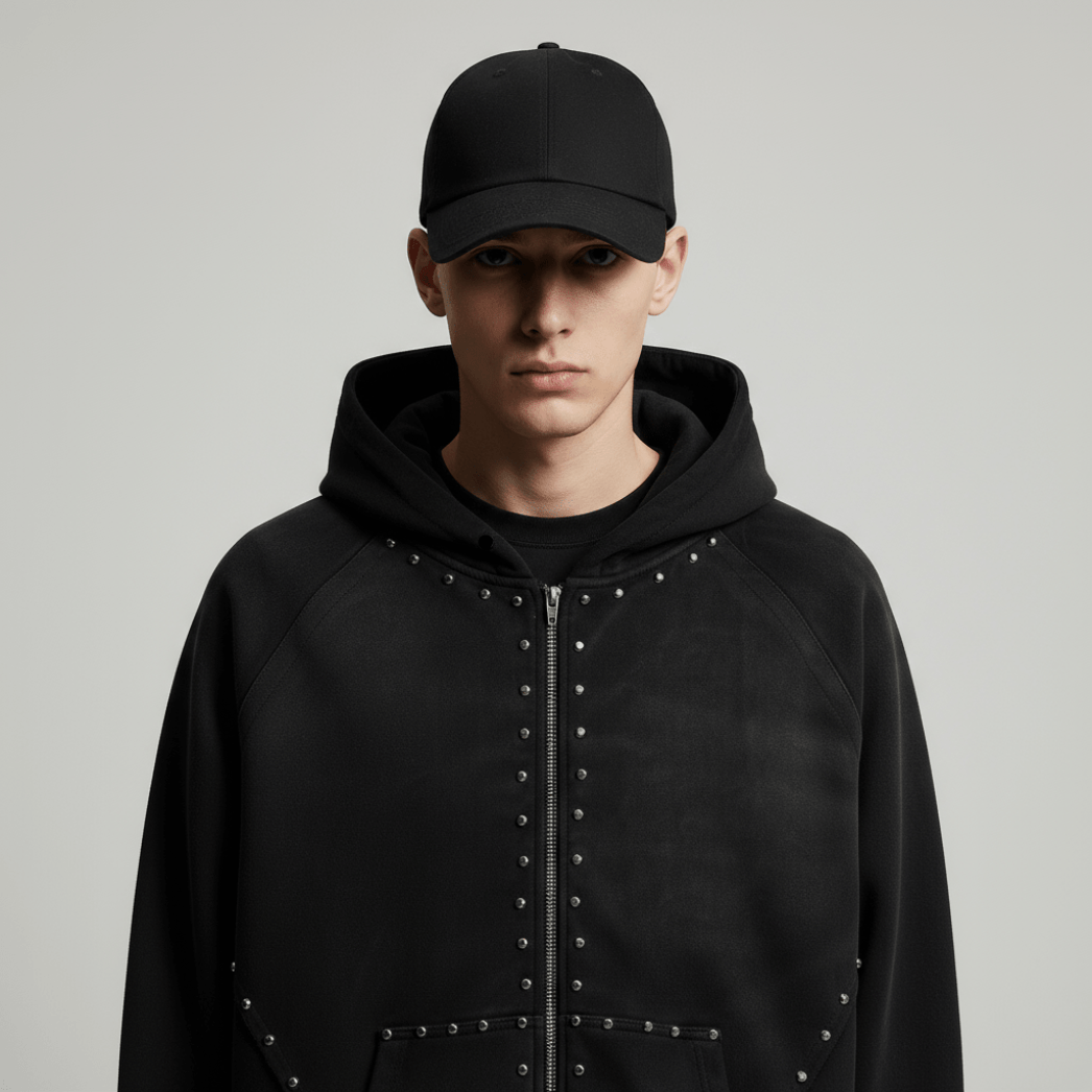 Close-up of male model in black hoodie with metal studs and zip closure. Heavyweight cotton hoodie with a bold, structured silhouette.
