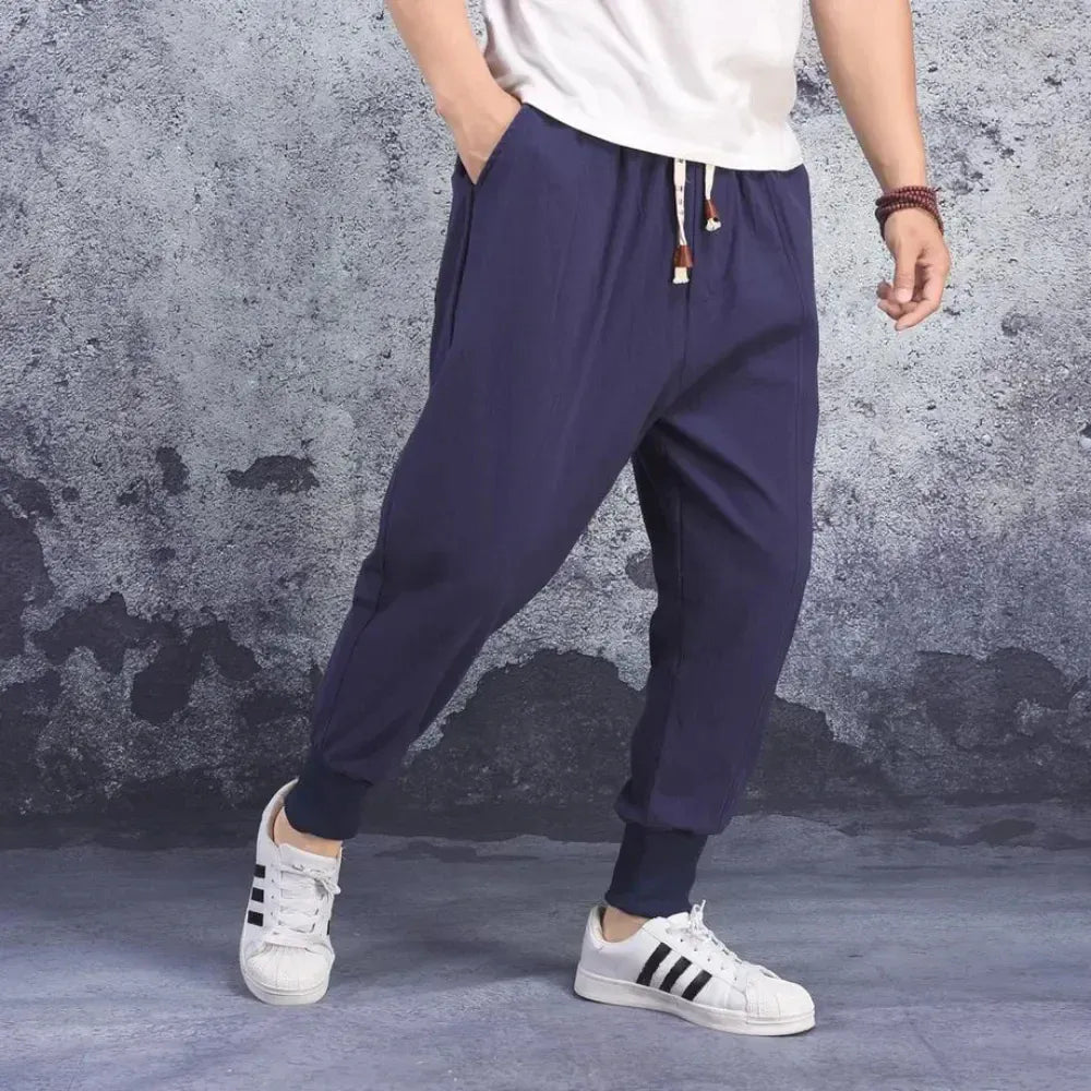 Men Harem Pants Cotton Linen - Casual Elastic Waist Joggers