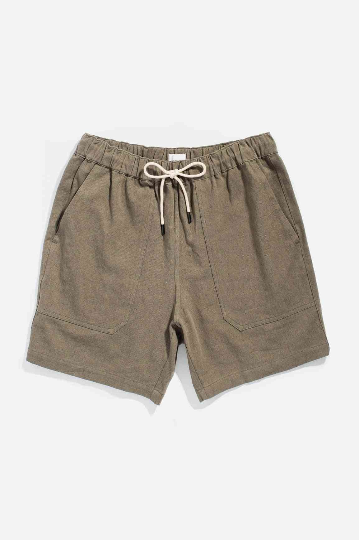 Olive Palm Springs pull-on shorts with elastic waistband and drawstring, featuring a linen-cotton blend for breathable comfort.