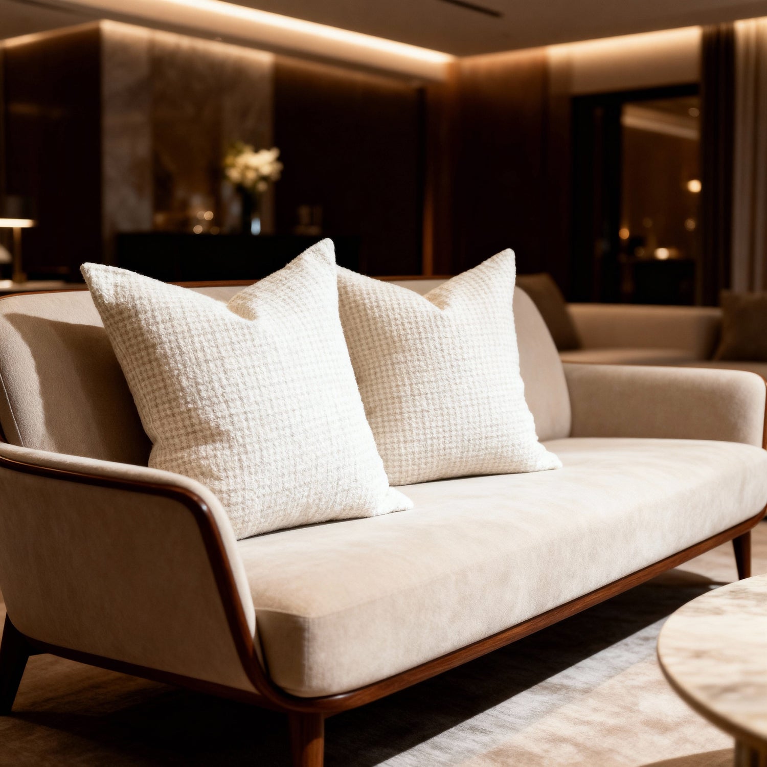 Two IdyllVie Alpaca Wool Pillow Covers on a beige sofa in a dimly lit, elegant living space with upscale ambiance.