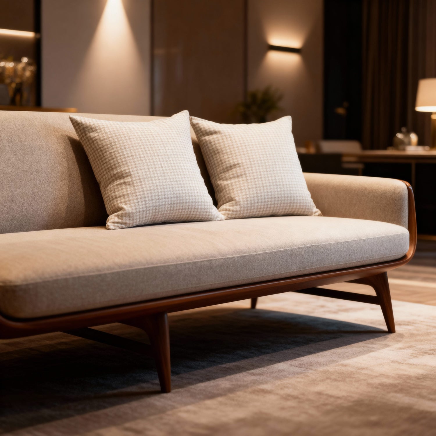 Pair of IdyllVie Alpaca Wool Pillow Covers on a mid-century modern sofa, enhancing a warm, luxurious interior setting.