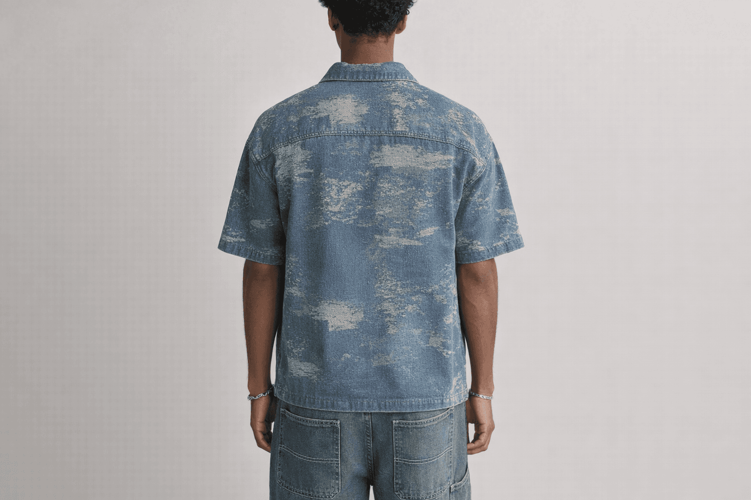 IdyllVie Blue Denim Drop Shoulder Shirt in Blue shirt foundation on-model back full with refined IdyllVie styling