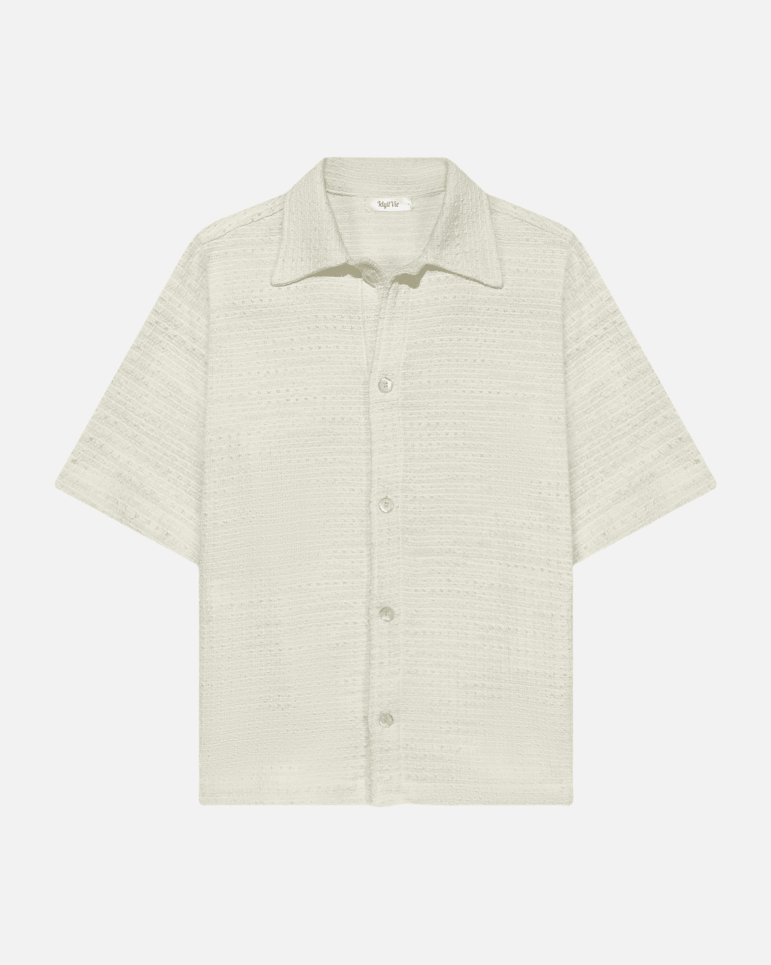 Cotton Bouclé Overshirt in off-white with short sleeves, button-up front, and textured bouclé fabric. Perfect for casual or semi-formal wear.