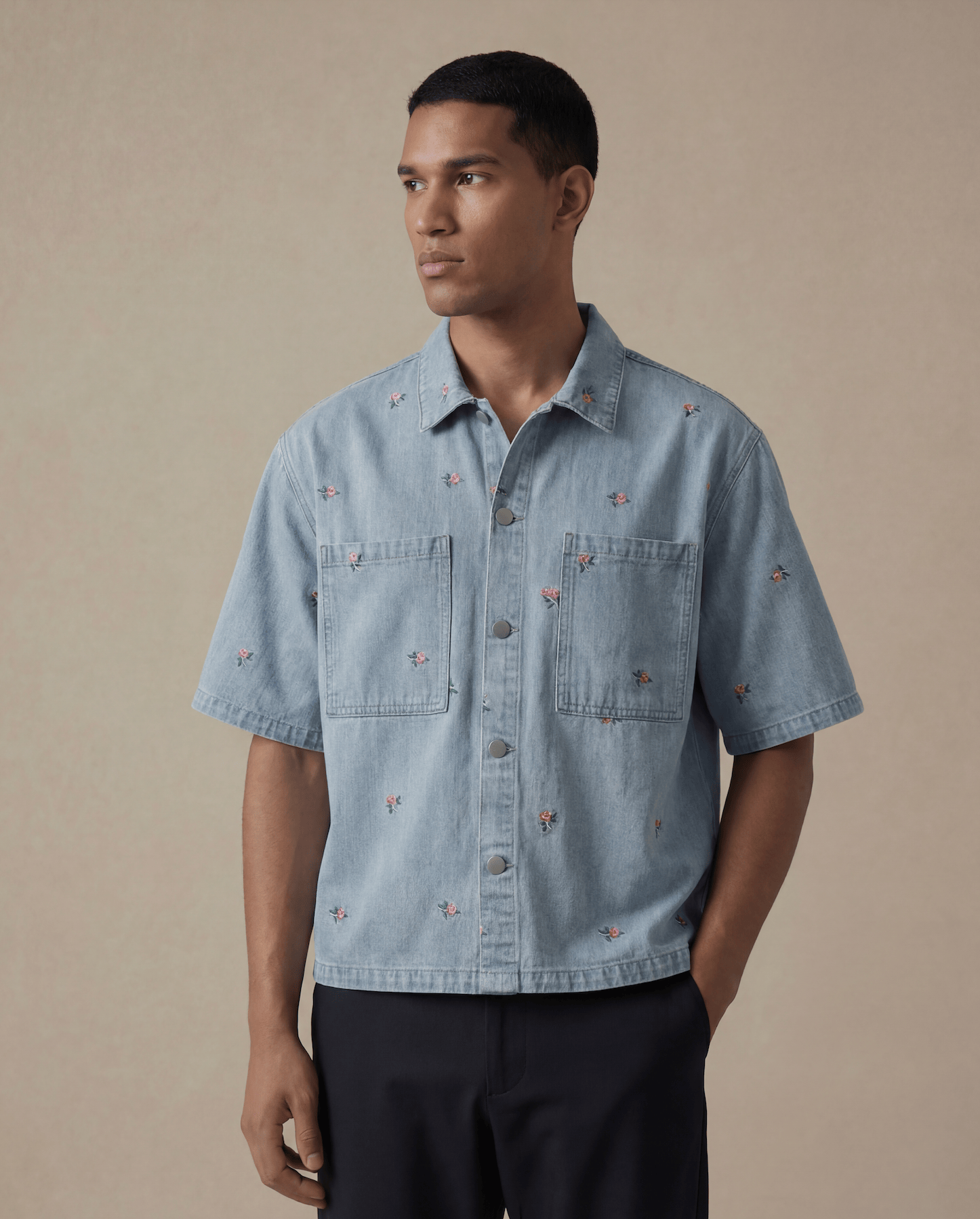 Embroidered Denim Shirt with Floral Detail