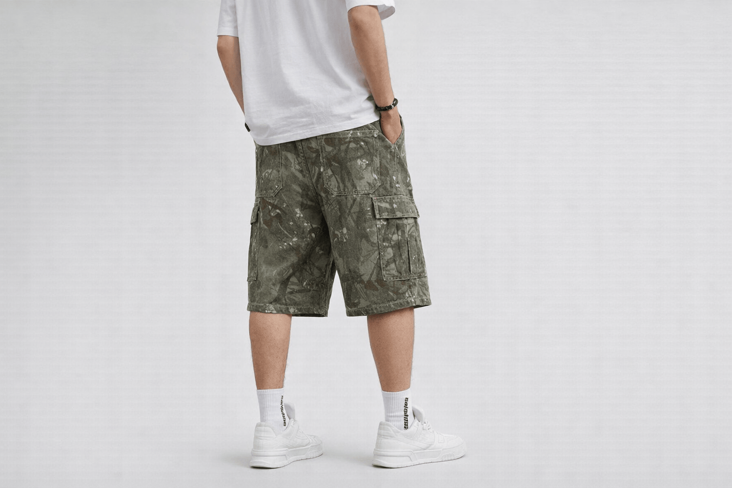 IdyllVie Green Camo Baggy Jorts in Camo shorts foundation on-model back full with refined IdyllVie styling