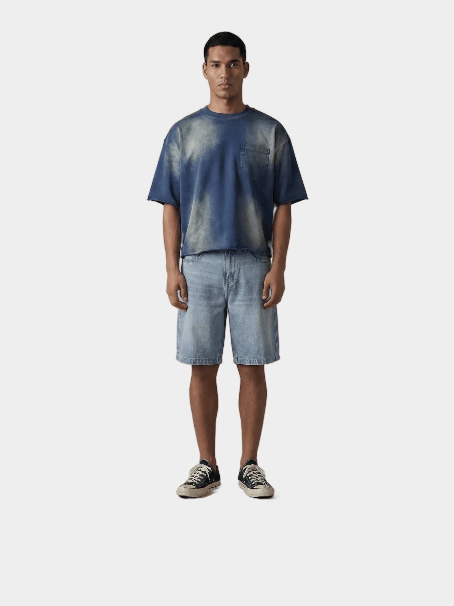 Stonewashed Denim Bermuda Shorts in stonewashed cotton, lifestyle view showing front pockets