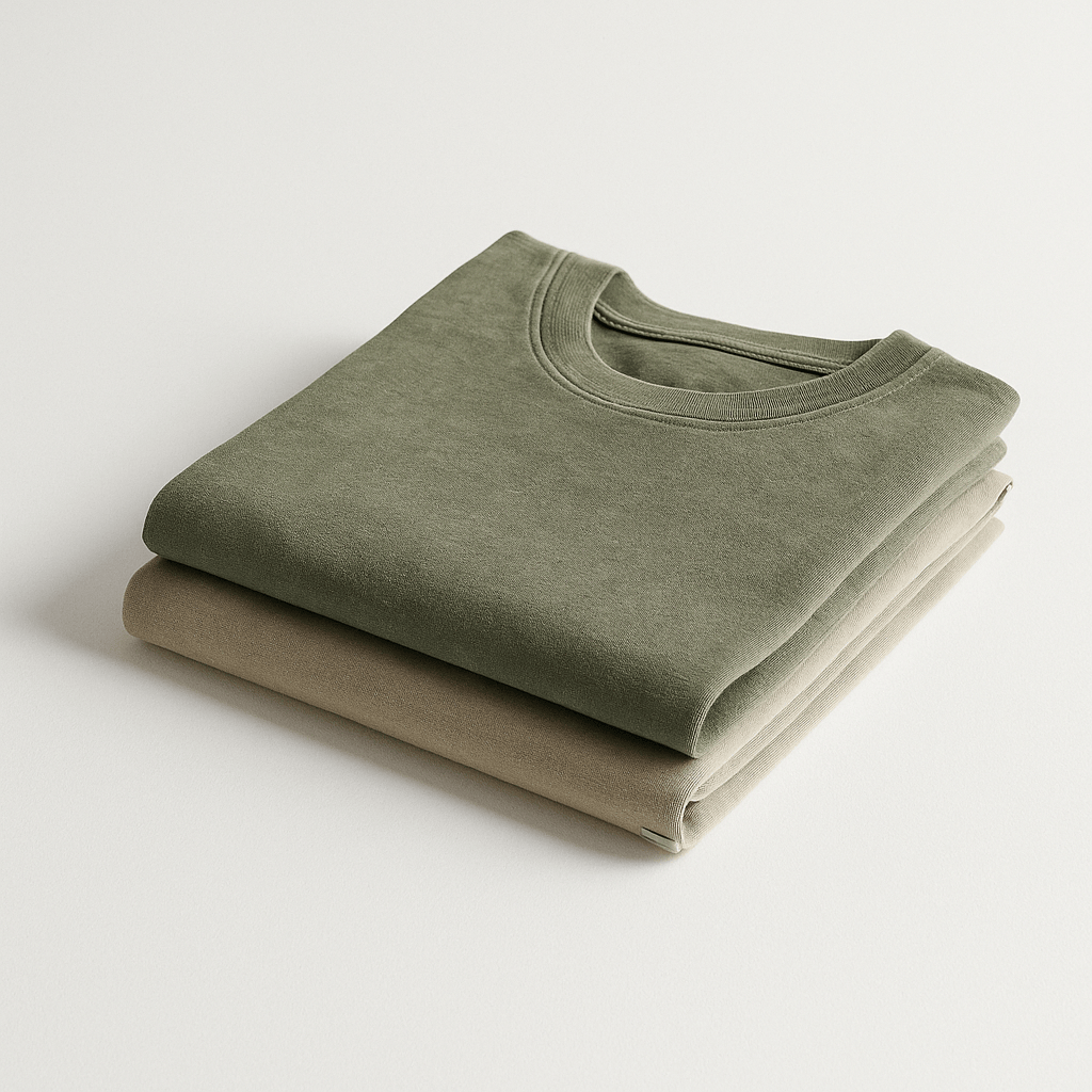 Stacked olive and beige cotton T-shirts for casual wear
