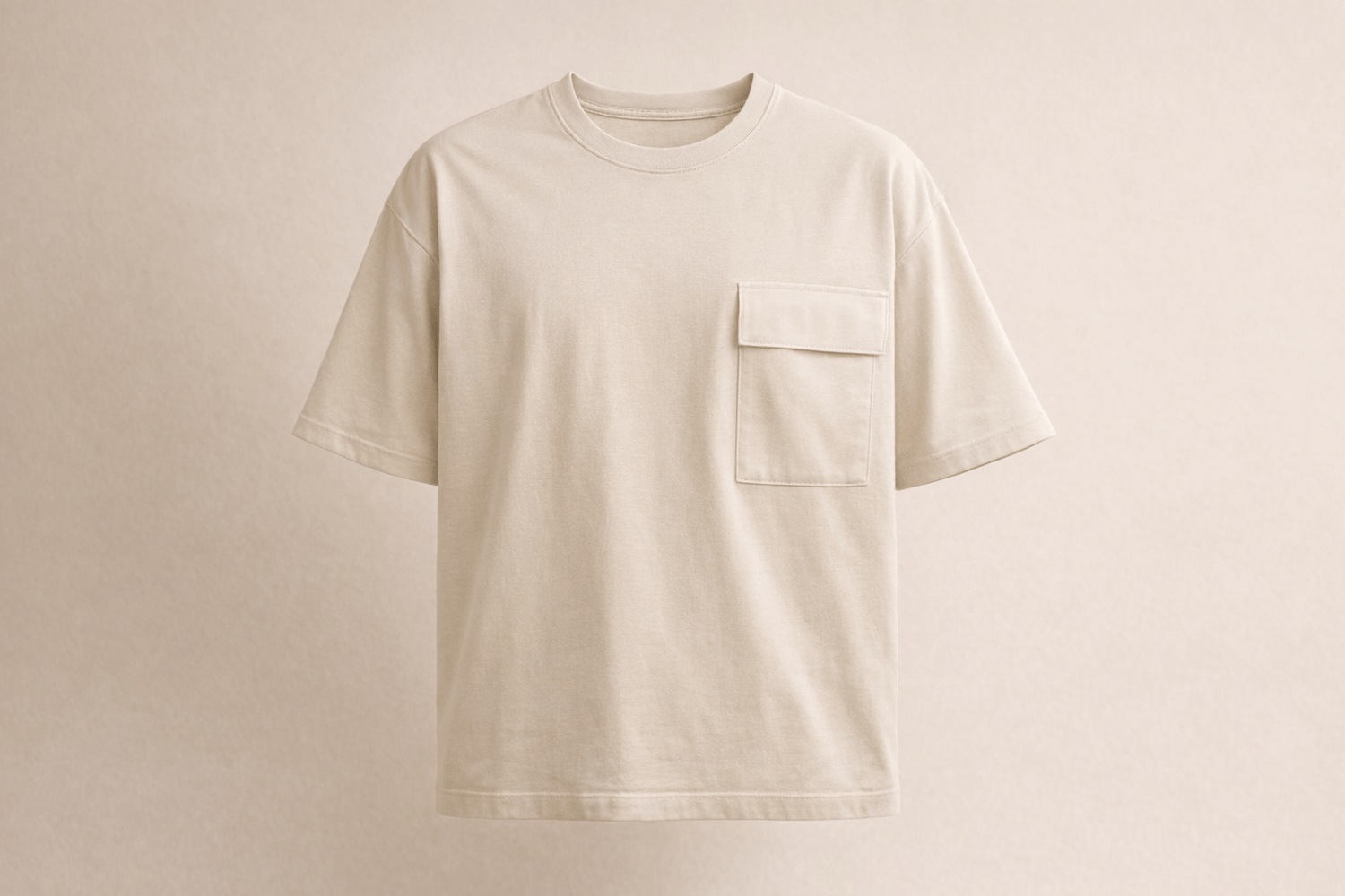 IdyllVie Beige Cotton Drop Shoulder T-Shirt in Beige t-shirt foundation studio front product with refined IdyllVie styling