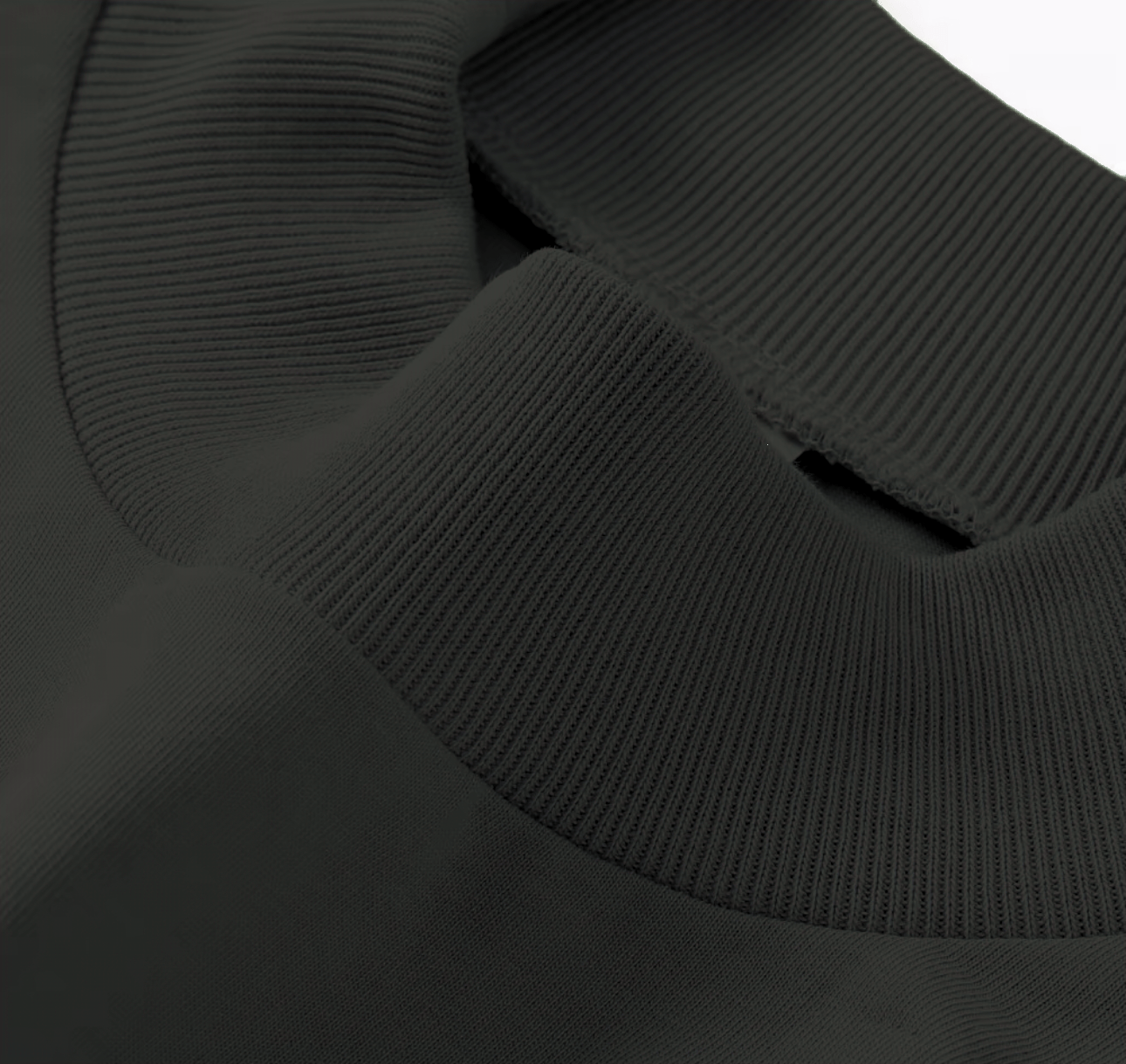 Close-up of the ribbed mock neck collar on the Black Cotton T-Shirt, highlighting fine stitching and soft 100% cotton texture.