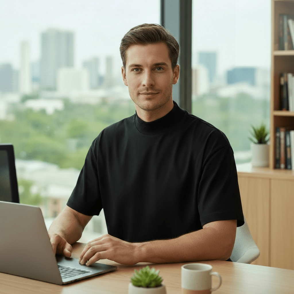 Man in an office setting wearing the Black Mock Neck Cotton T-Shirt, showing its adaptability for smart-casual workwear.