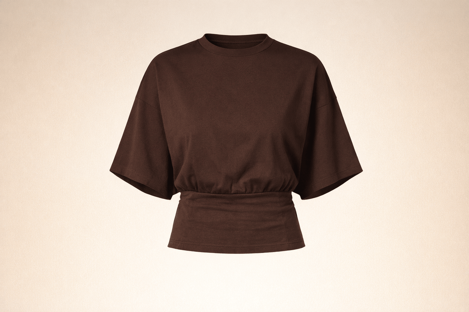 IdyllVie Relaxed Batwing Cotton Tee in Brown t-shirt foundation studio front product with refined IdyllVie styling